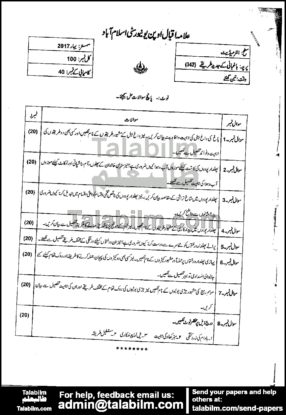 Baghbani Ky Amli Tareeqy 342 past paper for Spring 2017