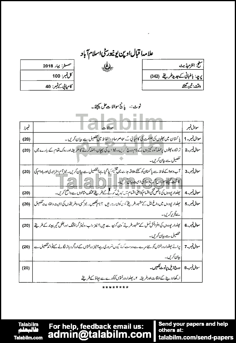 Baghbani Ky Amli Tareeqy 342 past paper for Spring 2018