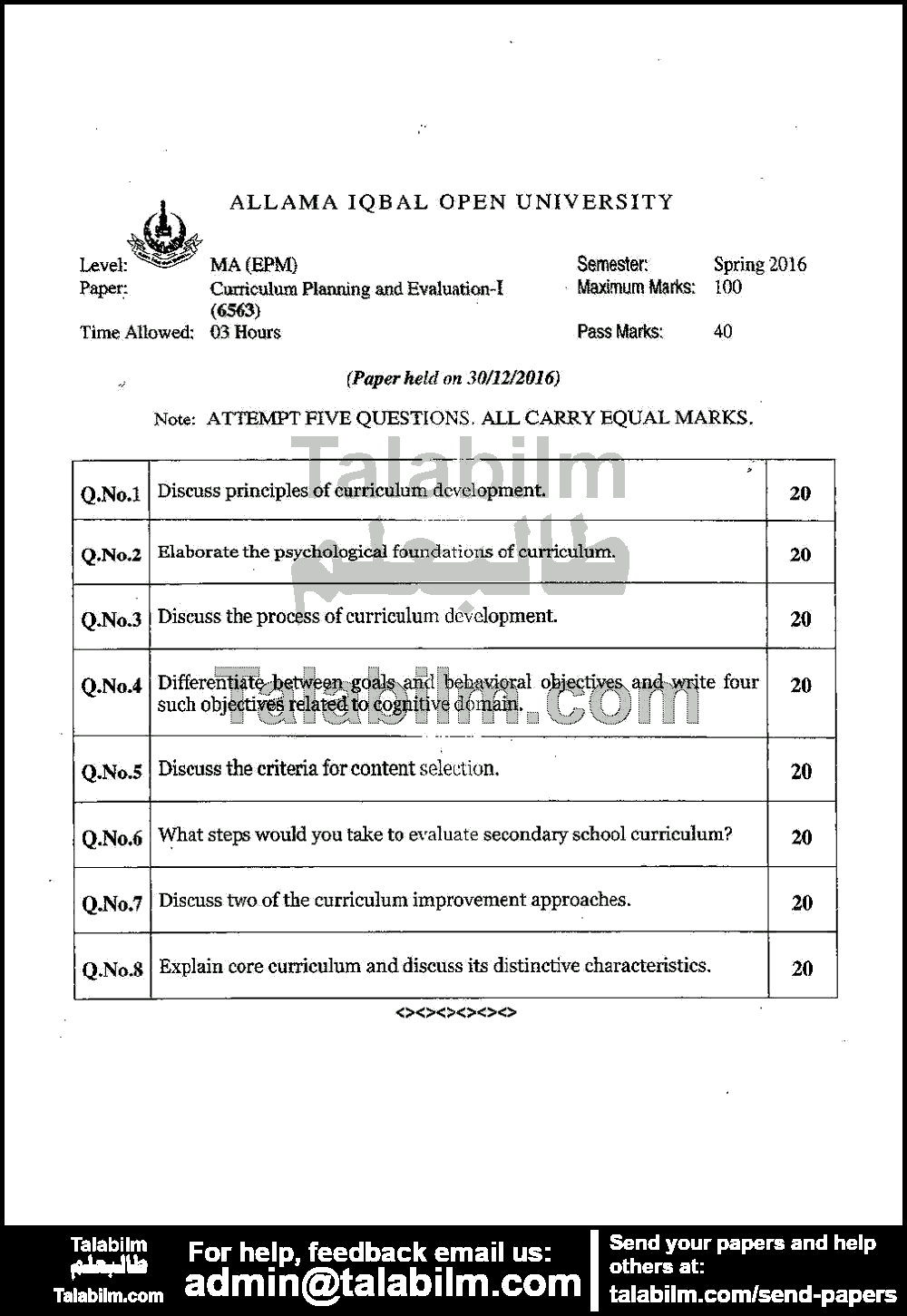 Curriculum Planning and Evaluation-I (Compulsory) 6563 past paper for Spring 2016 Page No. 2