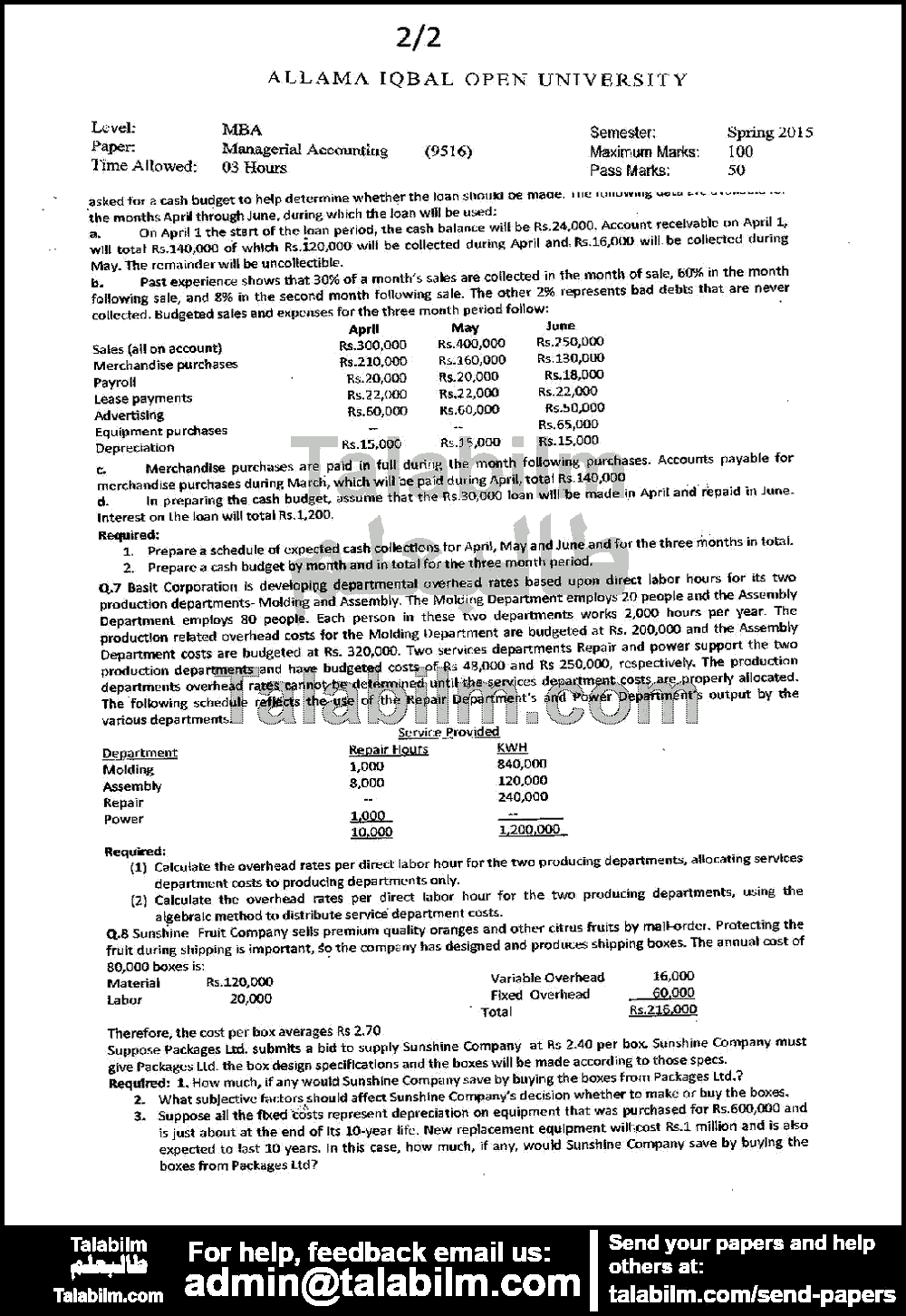 Managerial Accounting 9516 past paper for Spring 2015 Page No. 2