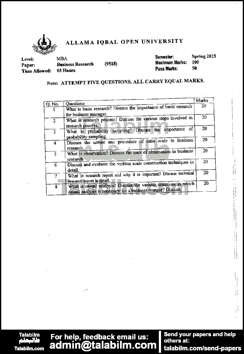 Business Research 9518 past paper for Spring 2015