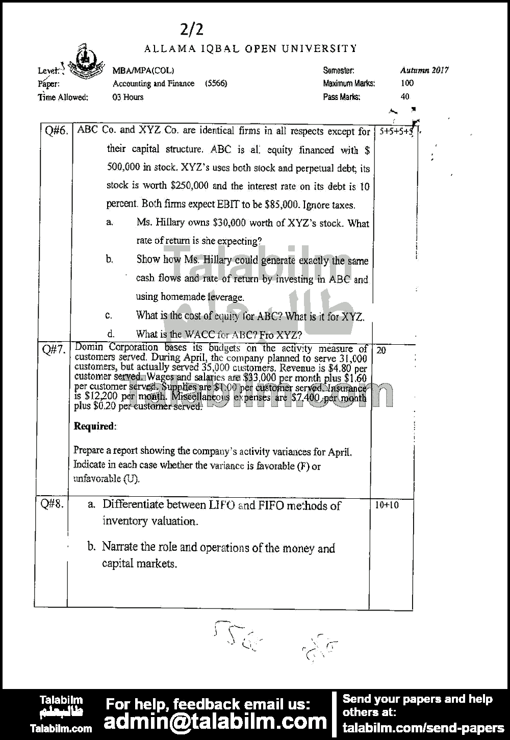 Accounting & Finance 5566 past paper for Autumn 2017 Page No. 2