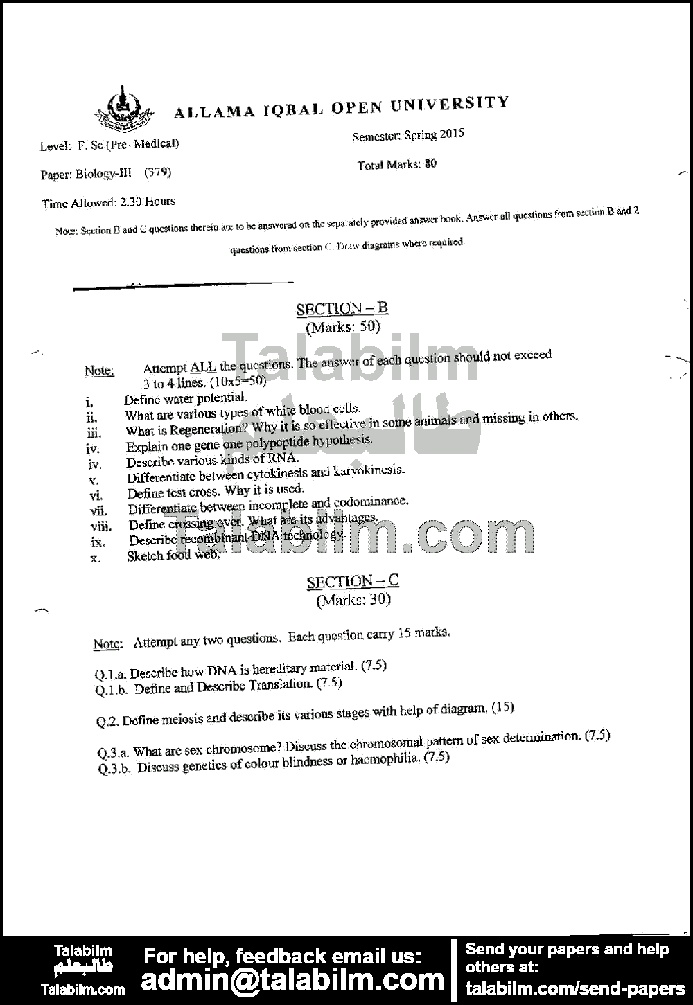 Biology-III 379 past paper for Spring 2015 Page No. 2