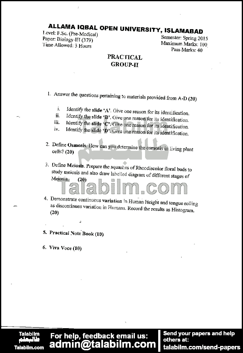 Biology-III 379 past paper for Spring 2015 Page No. 3