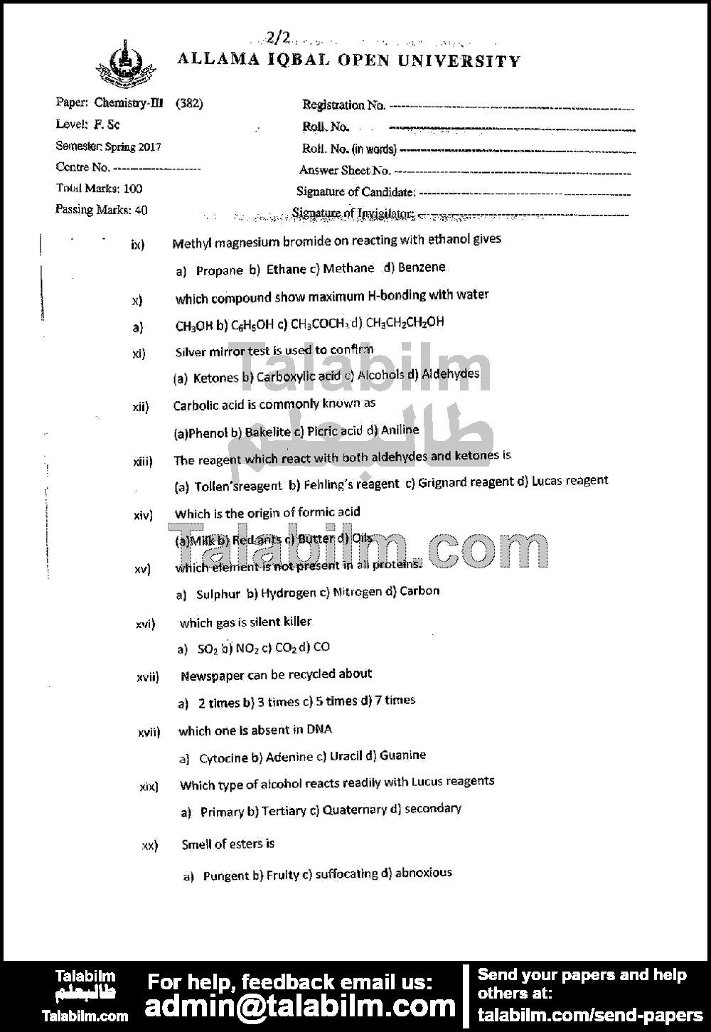 Biology-III 382 past paper for Spring 2017 Page No. 2