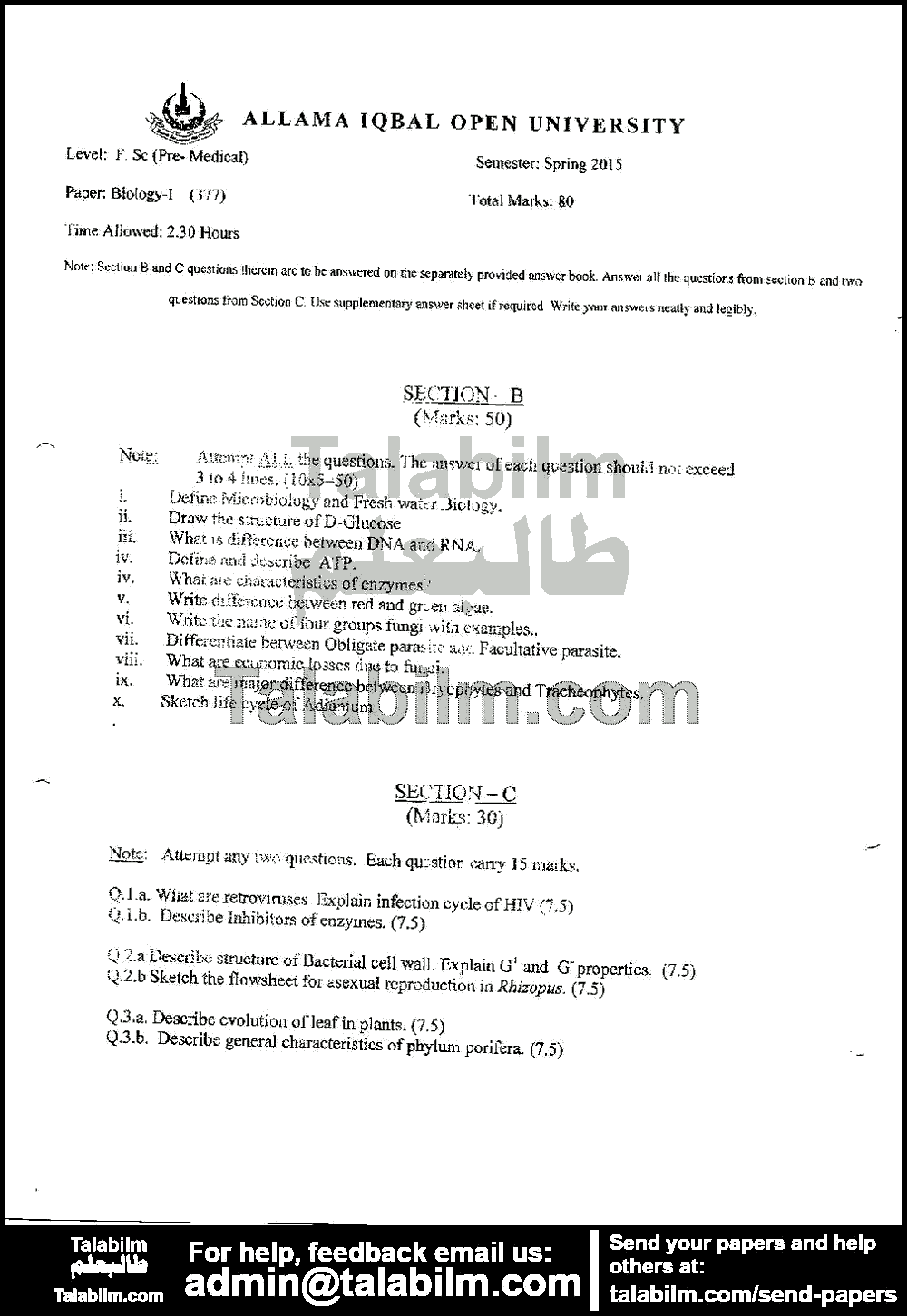 Biology-I 377 past paper for Spring 2015 Page No. 2