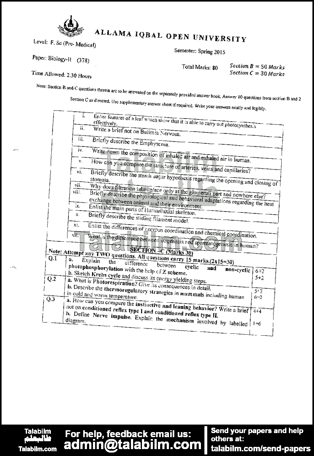 Biology-II 378 past paper for Spring 2015 Page No. 3