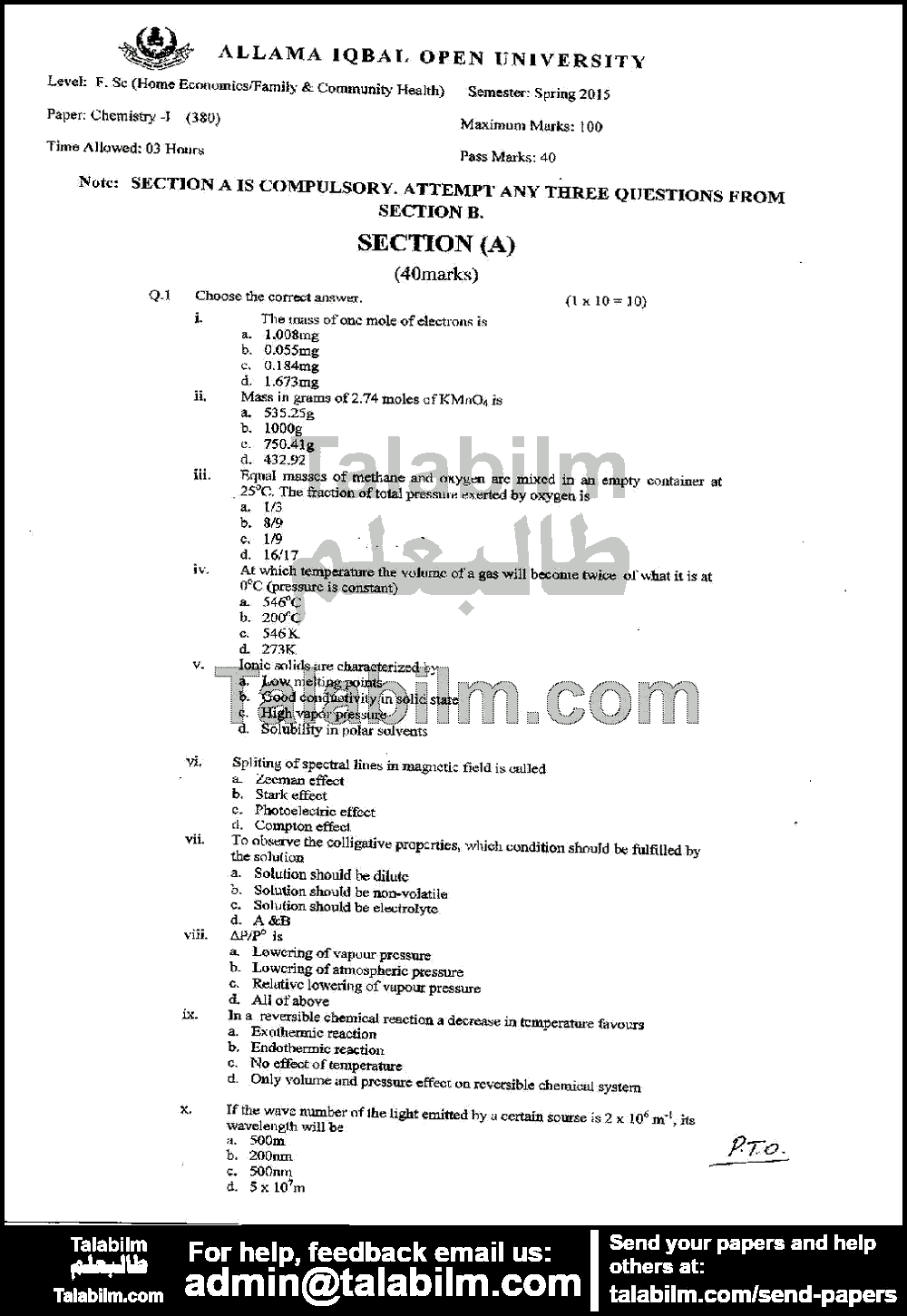 Chemistry-I 380 past paper for Spring 2015