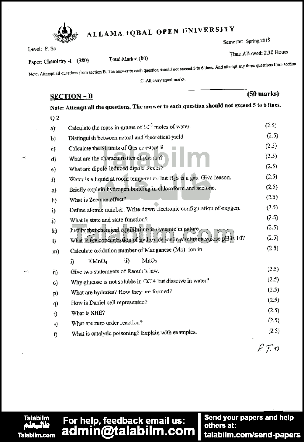 Chemistry-I 380 past paper for Spring 2015 Page No. 2