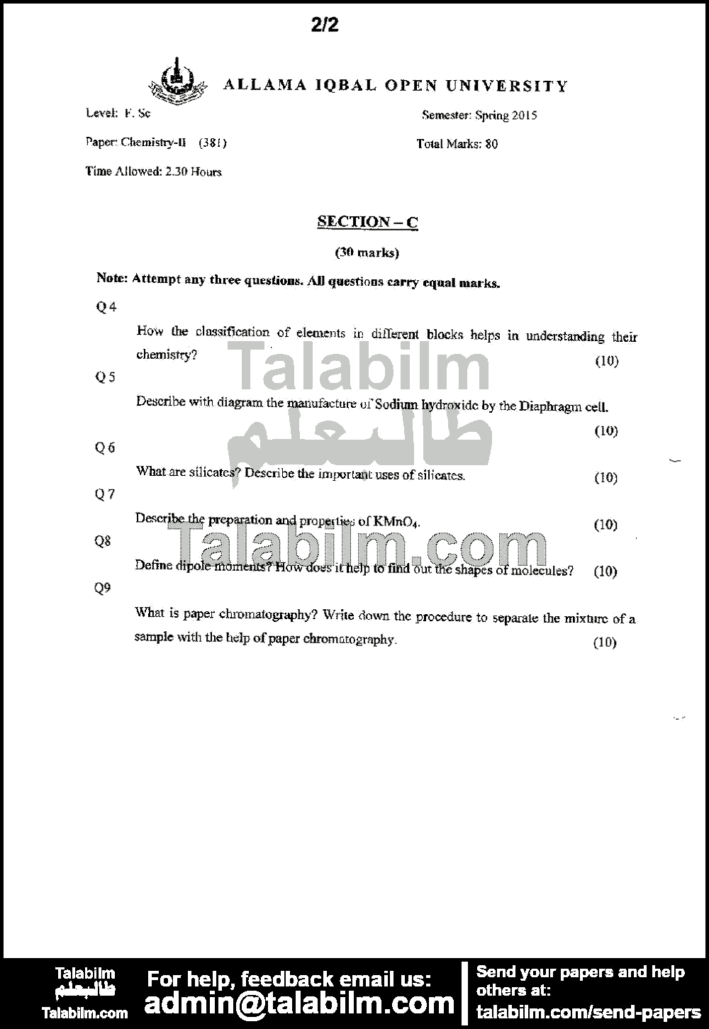 Chemistry-II 381 past paper for Spring 2015 Page No. 2