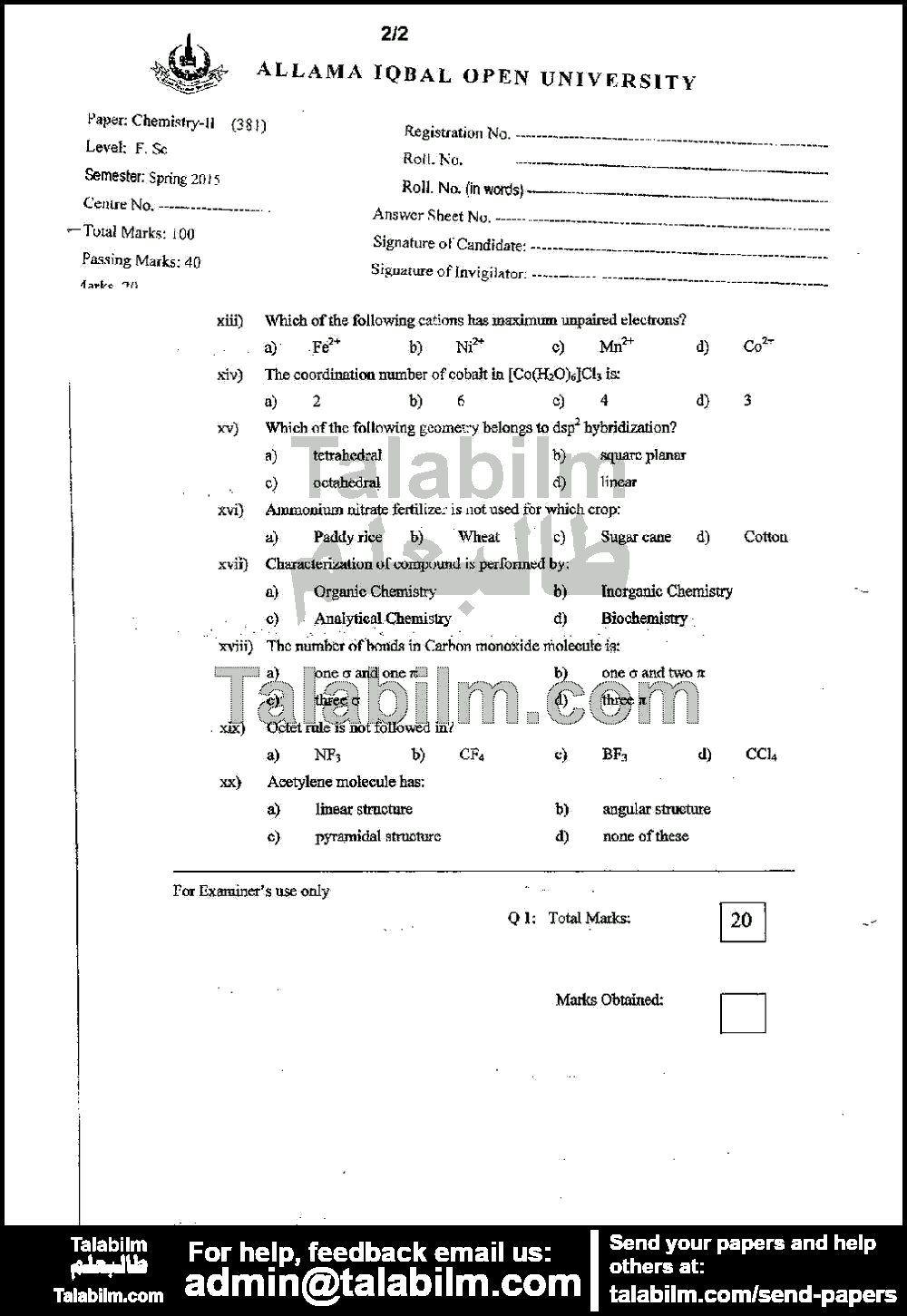 Chemistry-II 381 past paper for Spring 2015 Page No. 4