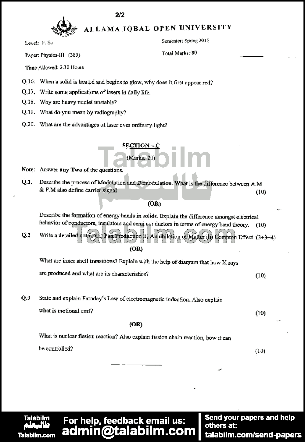 Physics-III 385 past paper for Spring 2015 Page No. 2