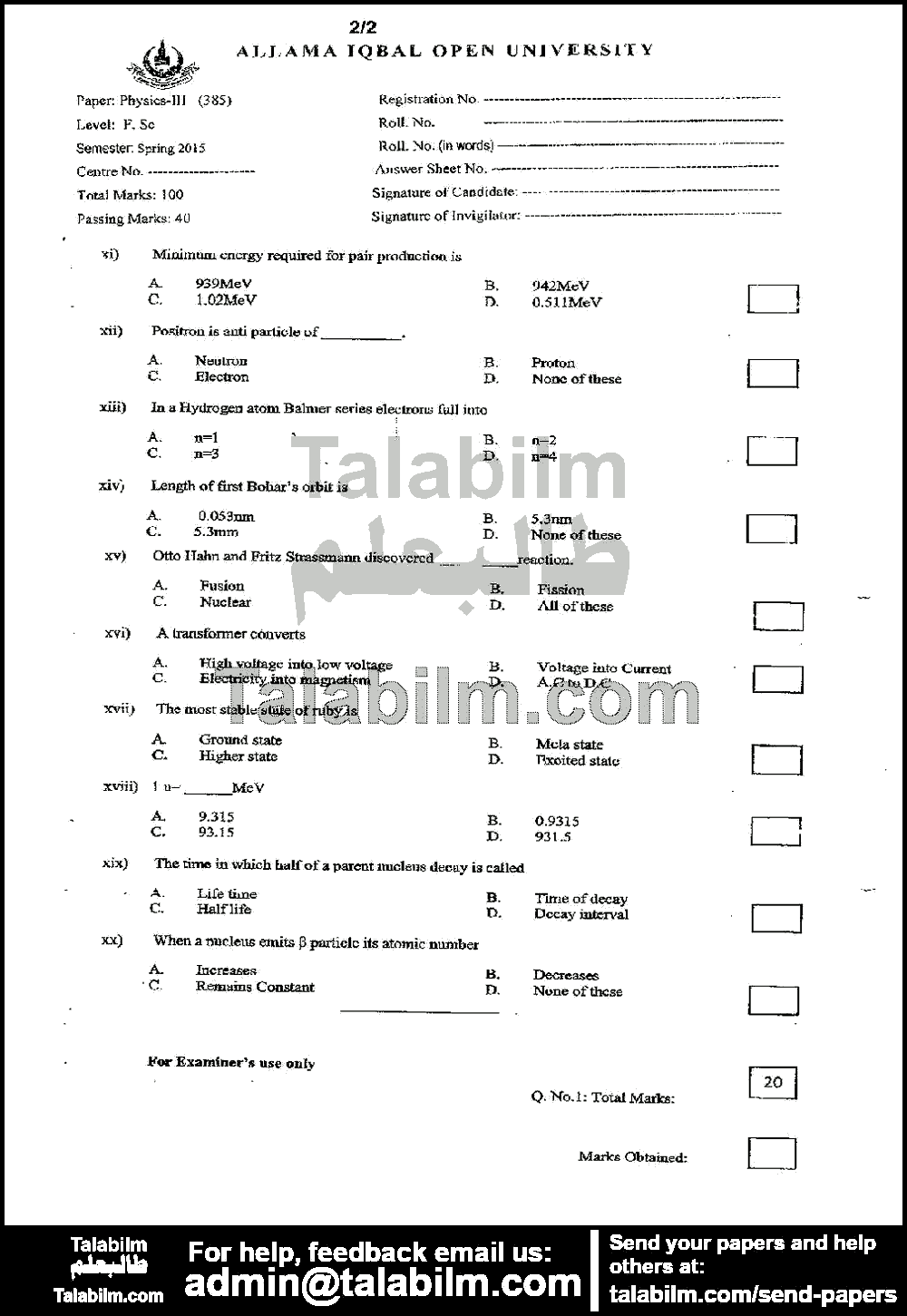 Physics-III 385 past paper for Spring 2015 Page No. 4