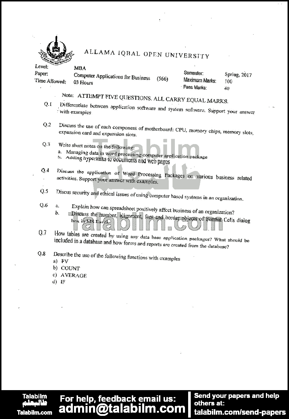 Computers Application for Business 566 past paper for Spring 2017