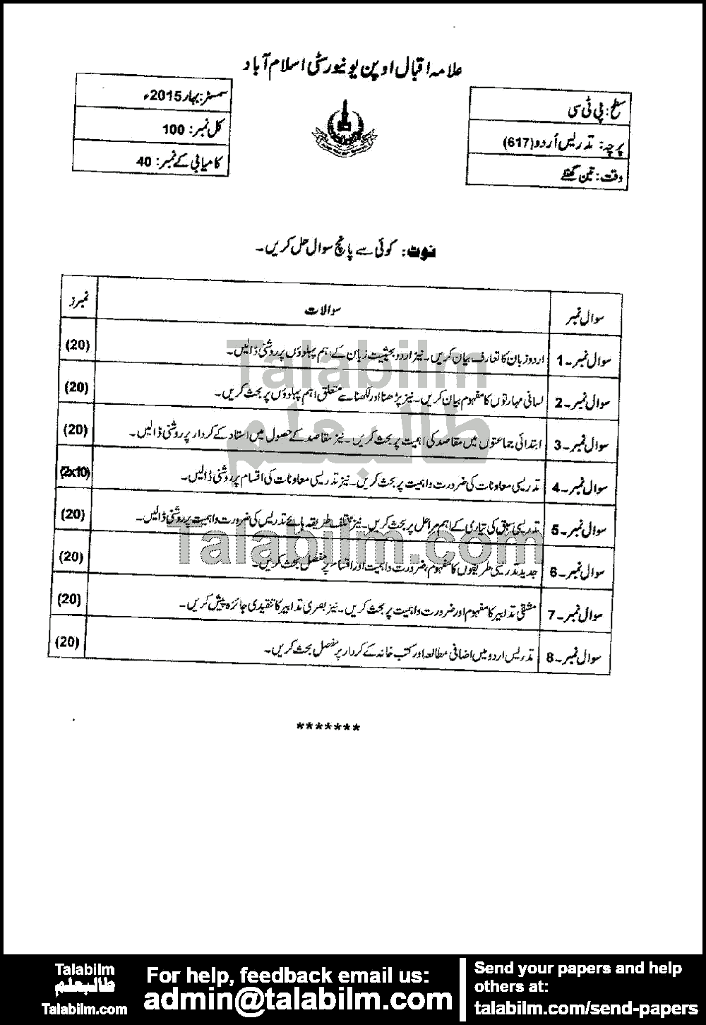 Teaching of Urdu 617 past paper for Spring 2015