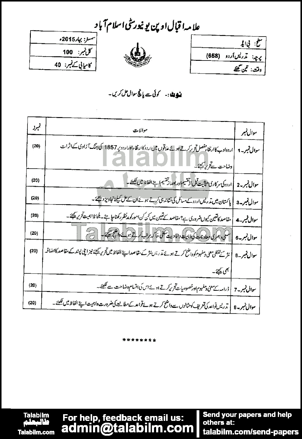 Teaching of Urdu 658 past paper for Spring 2015