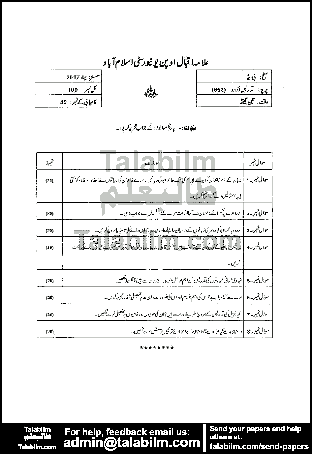 Teaching of Urdu 658 past paper for Spring 2017