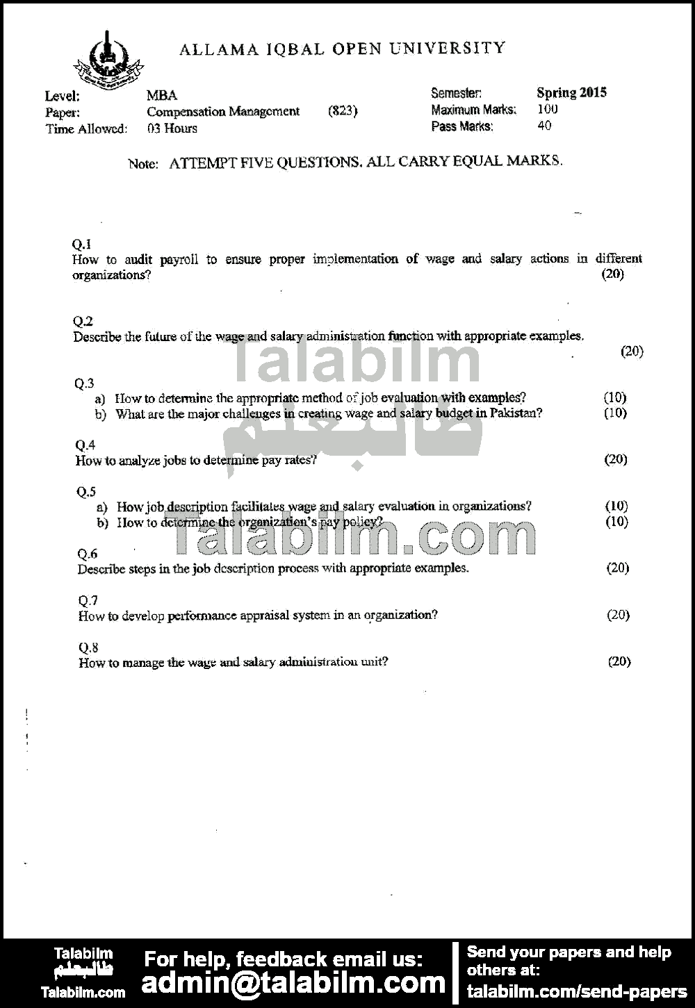 Compensation Management 823 past paper for Spring 2015