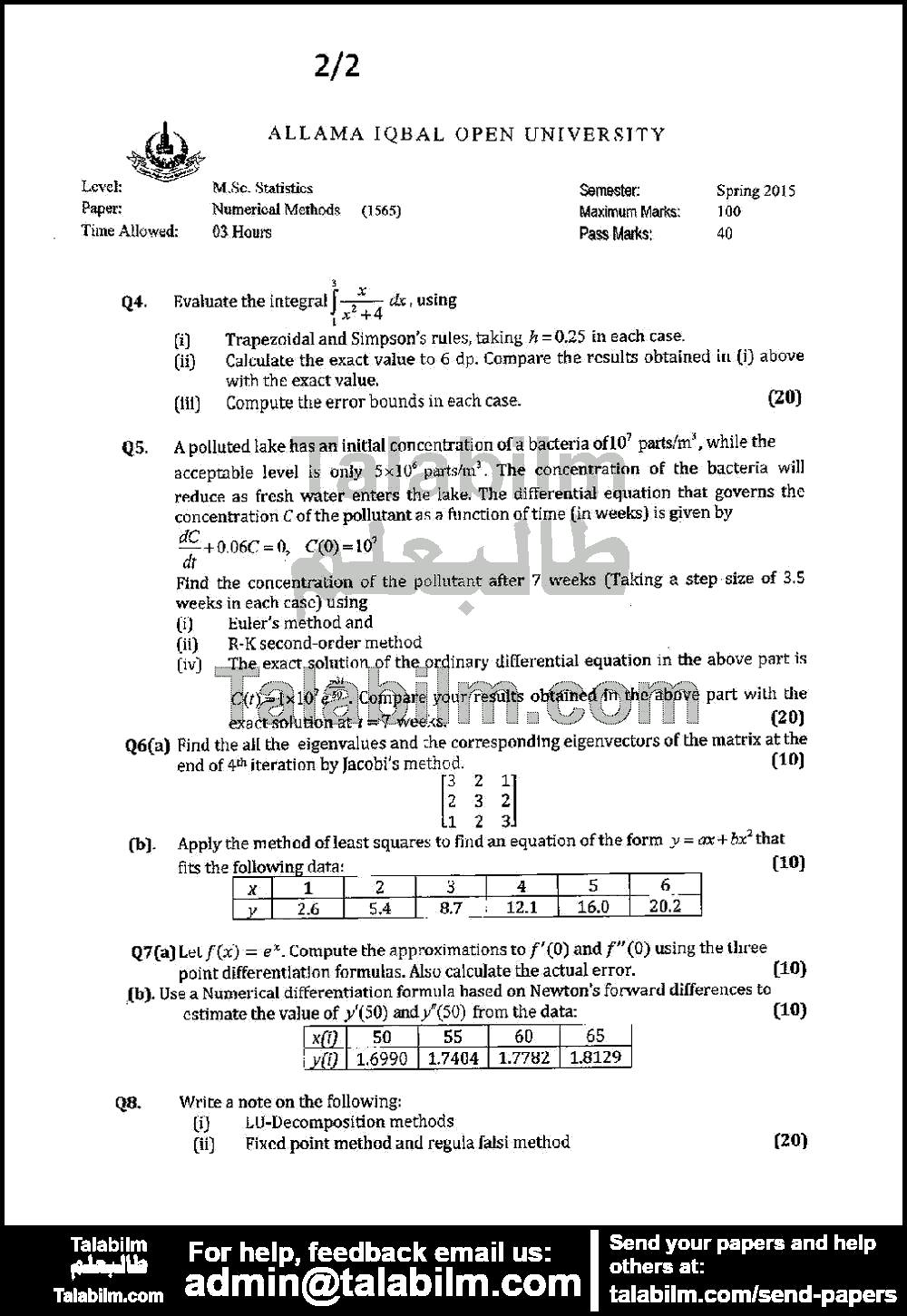 Numerical Methods 1565 past paper for Spring 2015 Page No. 2