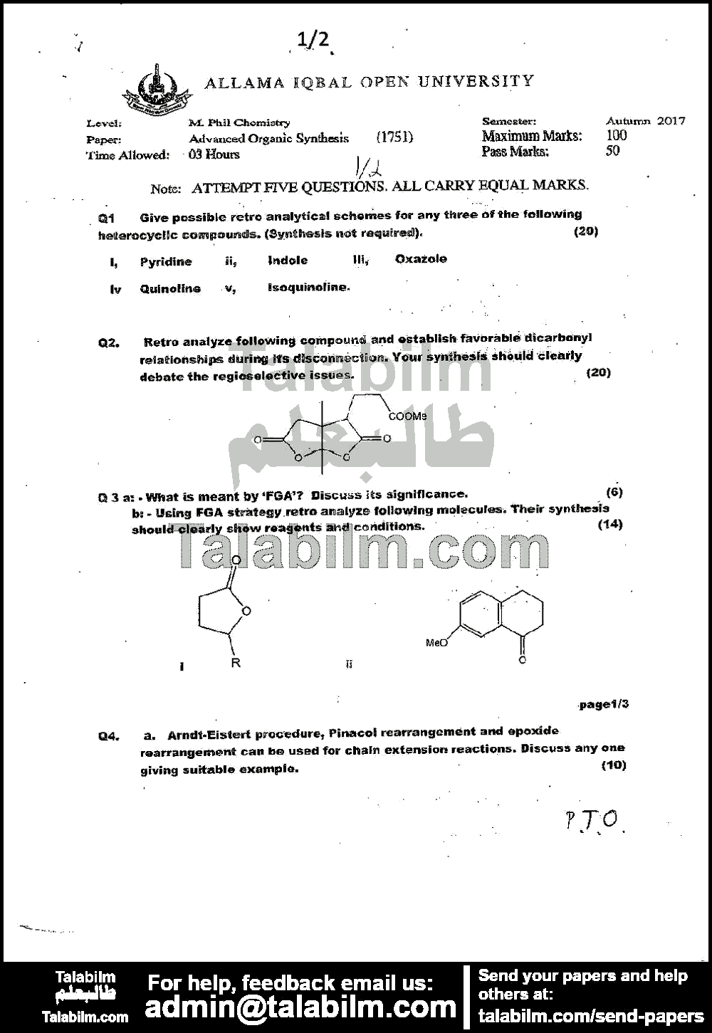 Advanced Organic Synthesis 1751 past paper for Autumn 2017