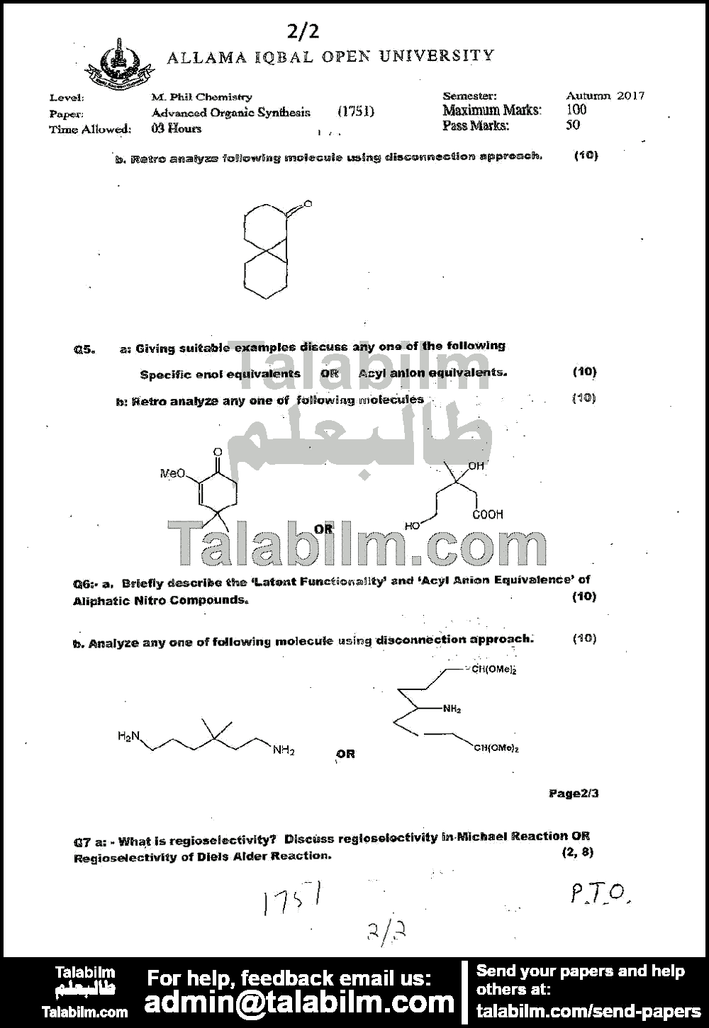 Advanced Organic Synthesis 1751 past paper for Autumn 2017 Page No. 2