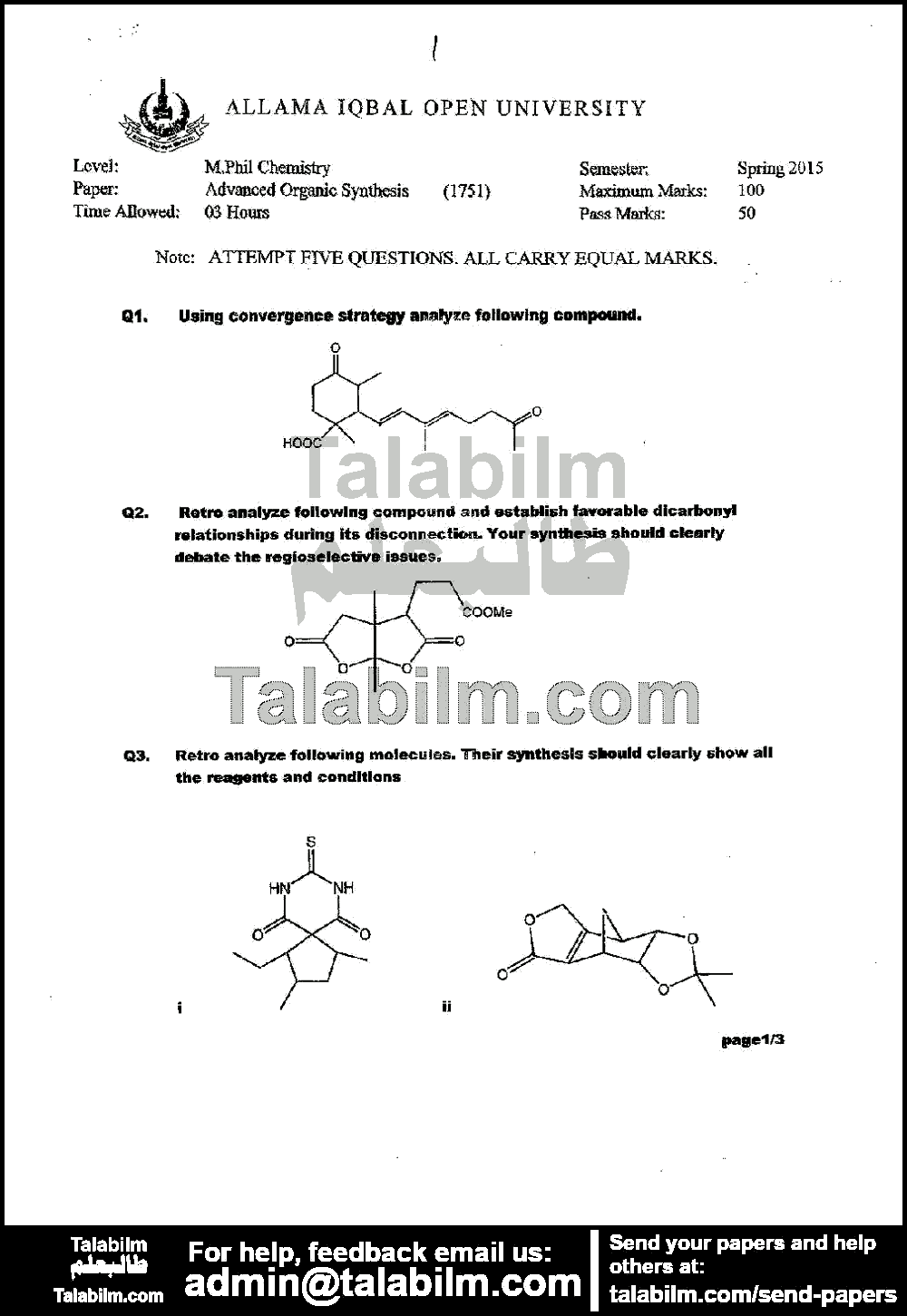 Advanced Organic Synthesis 1751 past paper for Spring 2015