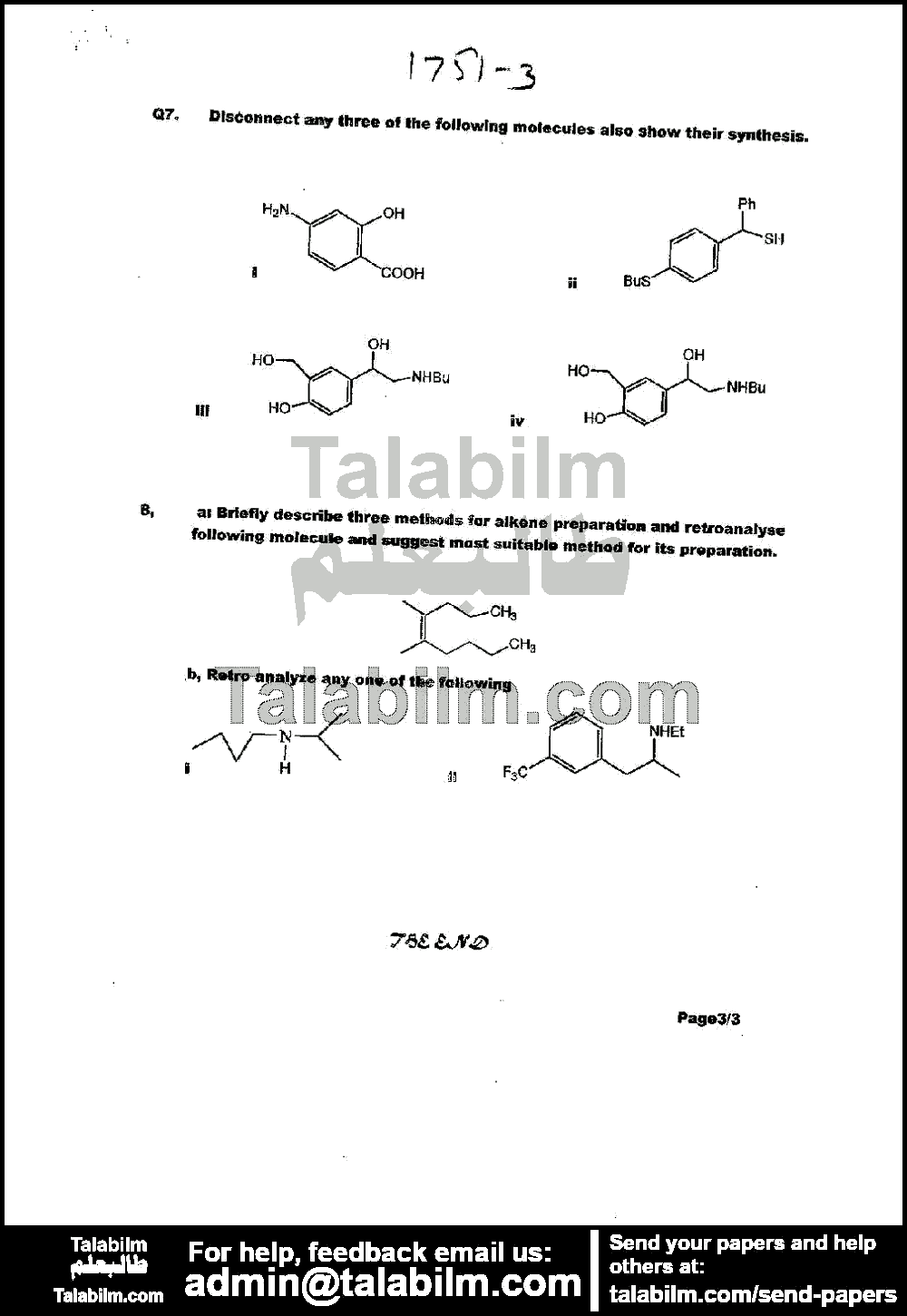 Advanced Organic Synthesis 1751 past paper for Spring 2015 Page No. 3