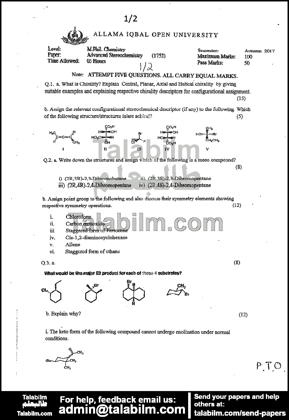 Advanced Stereochemistry 1752 past paper for Autumn 2017