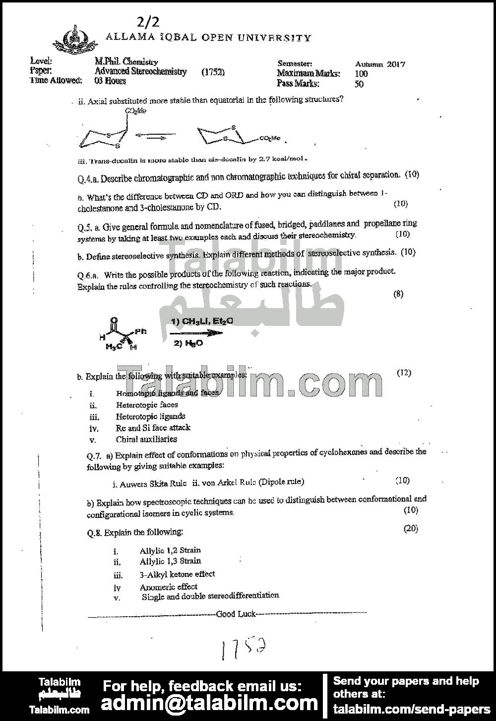 Advanced Stereochemistry 1752 past paper for Autumn 2017 Page No. 2