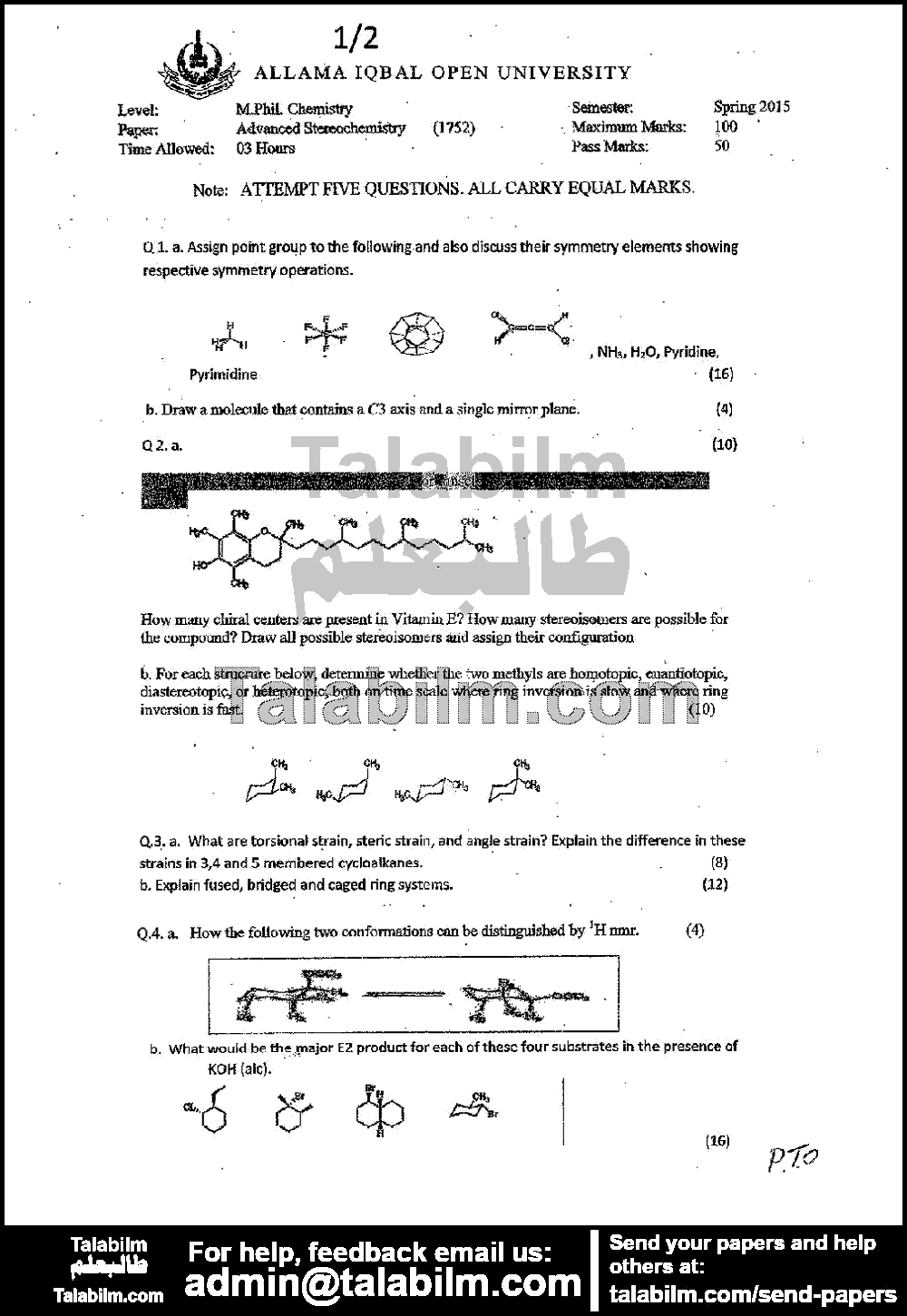 Advanced Stereochemistry 1752 past paper for Spring 2015