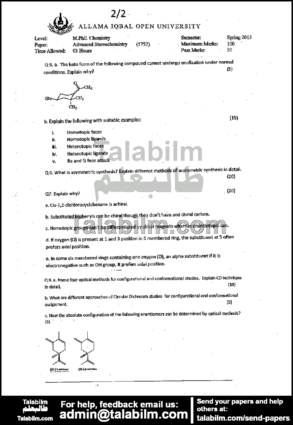 Advanced Stereochemistry 1752 past paper for Spring 2015 Page No. 2