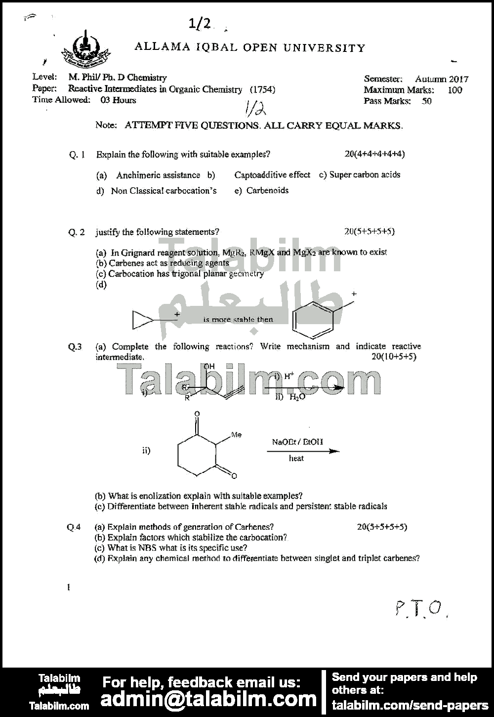 Reactive intermediates in Organic Chemistry 1754 past paper for Autumn 2017