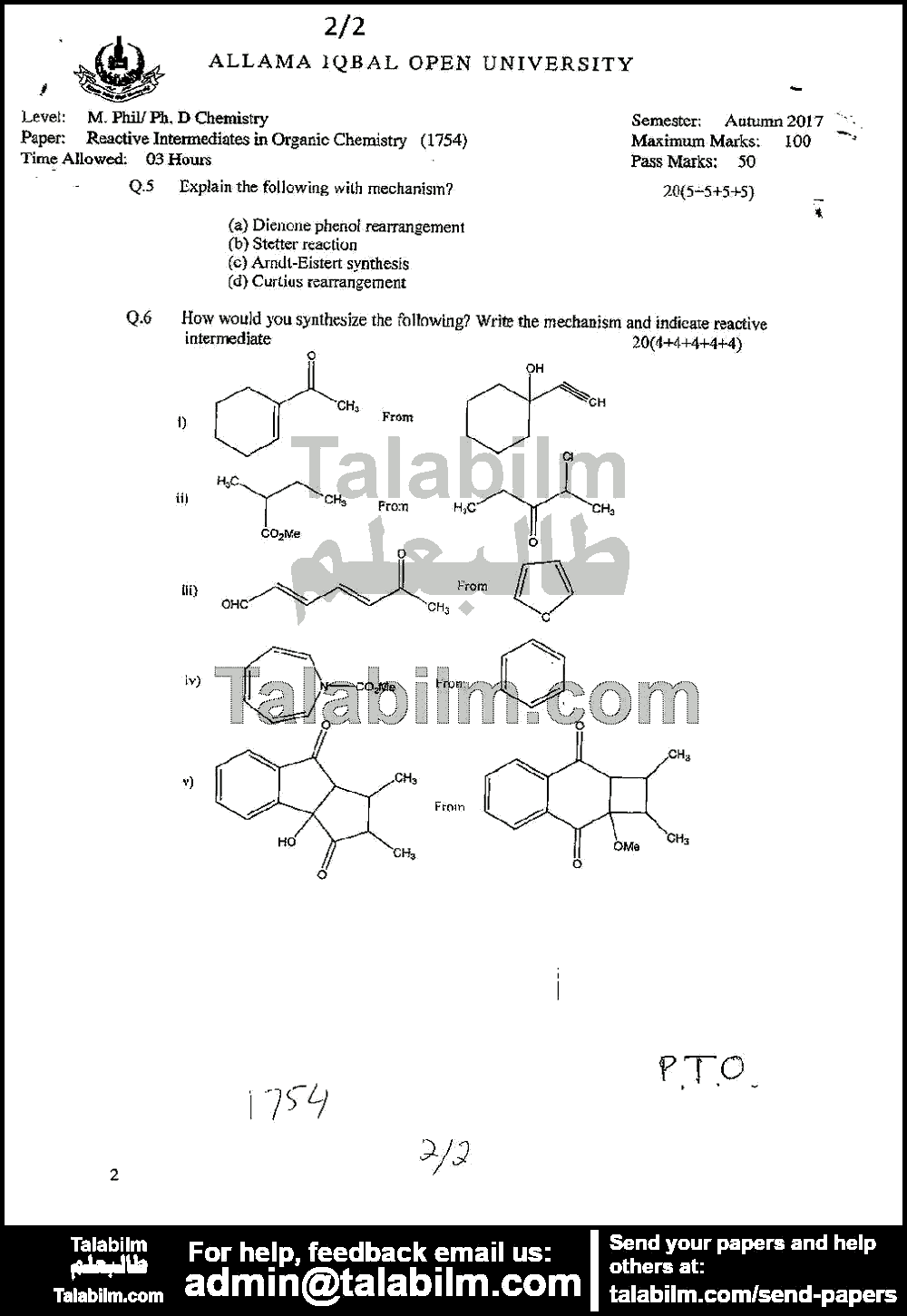 Reactive intermediates in Organic Chemistry 1754 past paper for Autumn 2017 Page No. 2