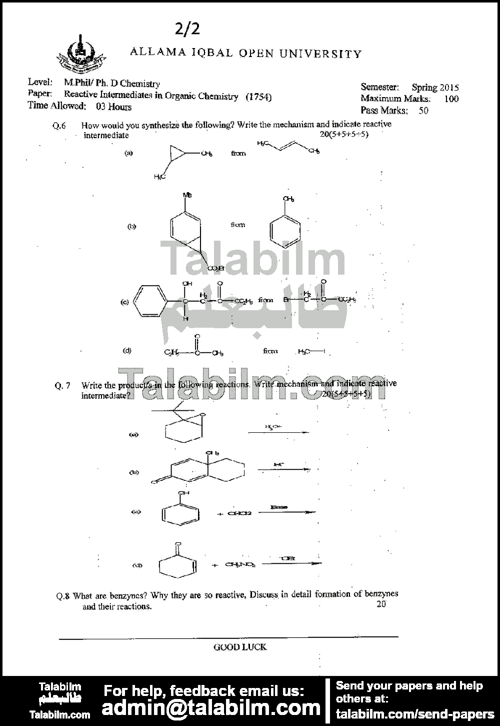 Reactive intermediates in Organic Chemistry 1754 past paper for Spring 2015 Page No. 2