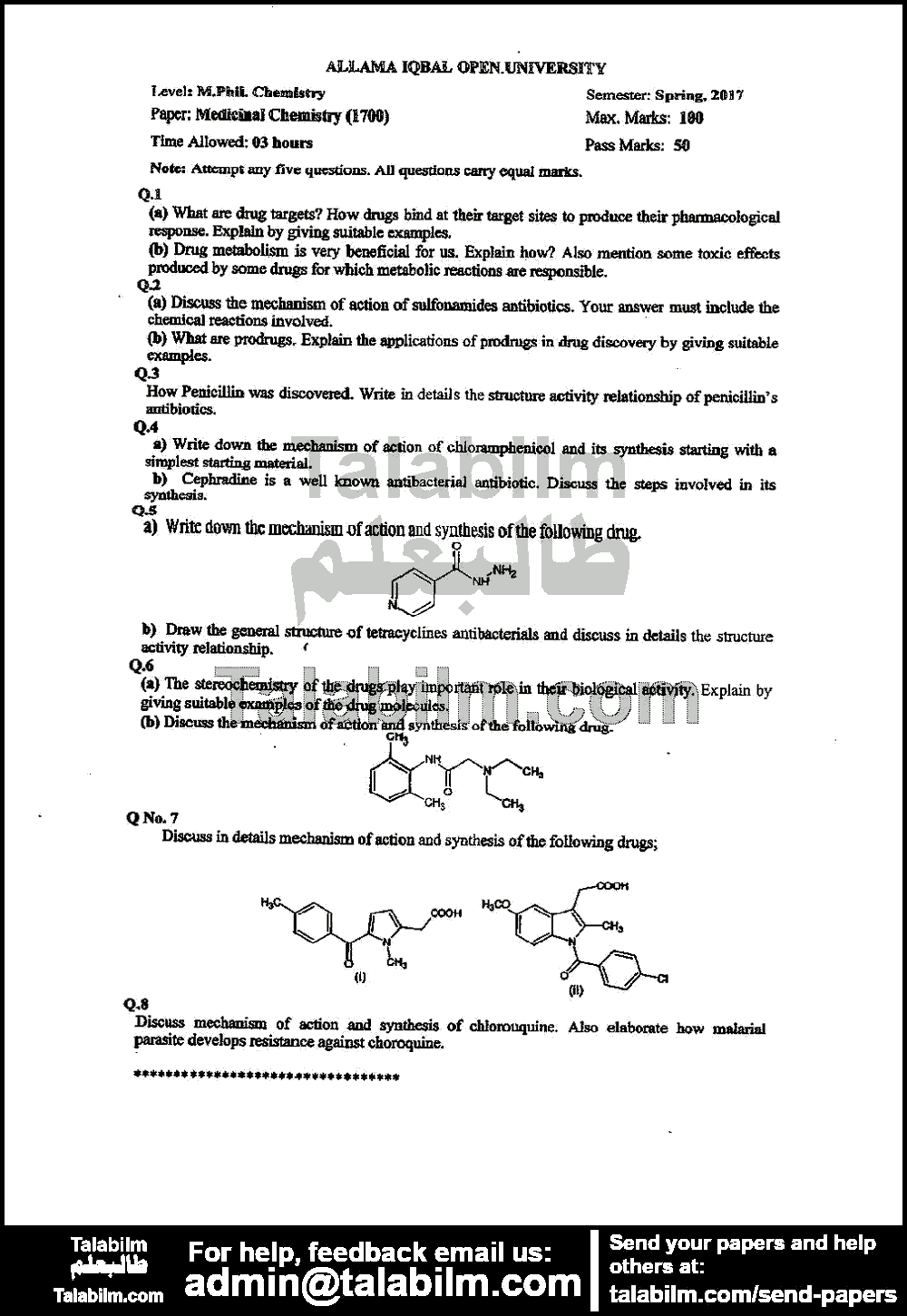 Medicinal Chemistry 1700 past paper for Spring 2017
