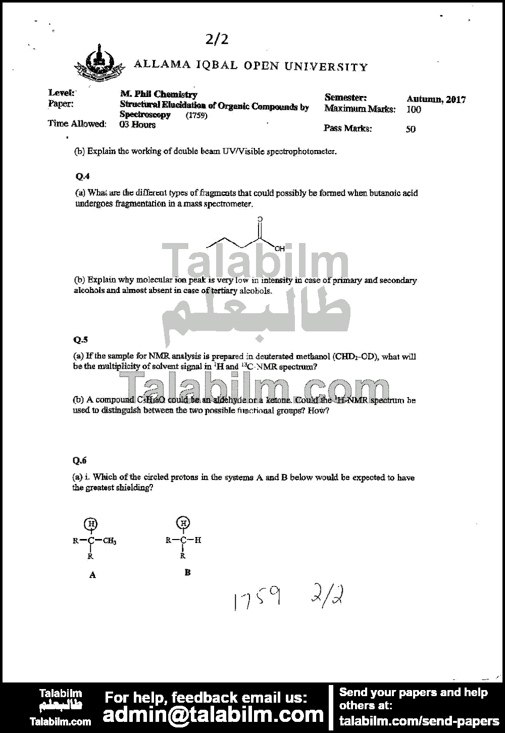 Structure Elucidation Of Organic Compounds By Spectroscopy 1759 past paper for Autumn 2017 Page No. 2