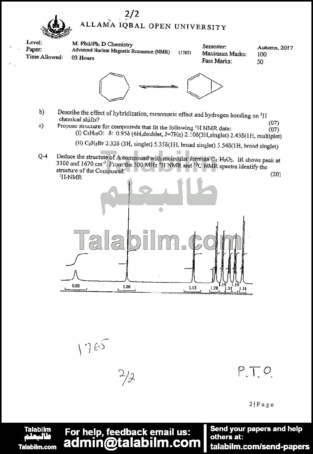 Advanced Nuclear Magnetic Resonance (N.M.R) Spectroscopy 1765 past paper for Autumn 2017 Page No. 2