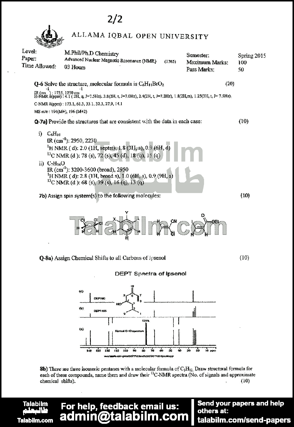 Advanced Nuclear Magnetic Resonance (N.M.R) Spectroscopy 1765 past paper for Spring 2015 Page No. 2