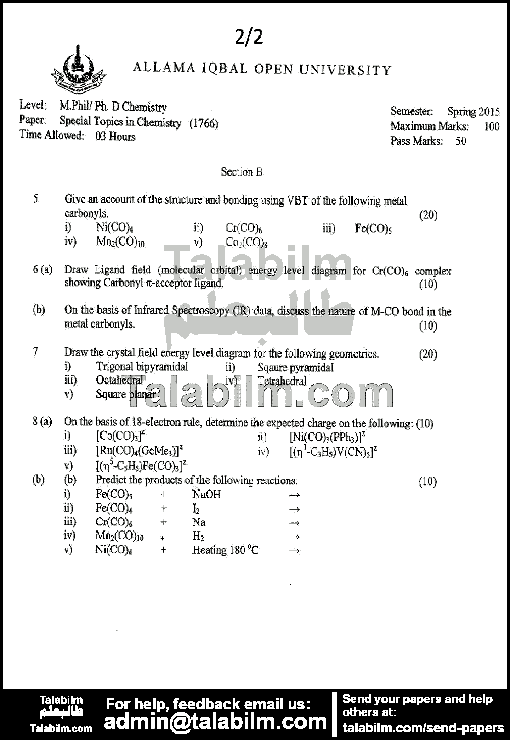 Special Topic in Chemistry 1766 past paper for Spring 2015 Page No. 2