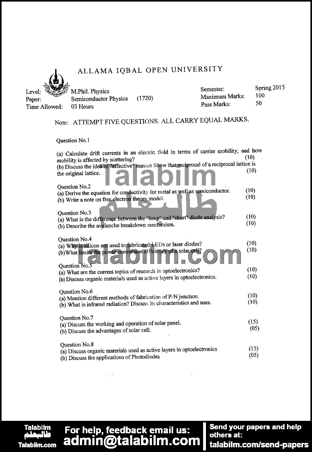 Semiconductor Physics 1720 past paper for Spring 2015