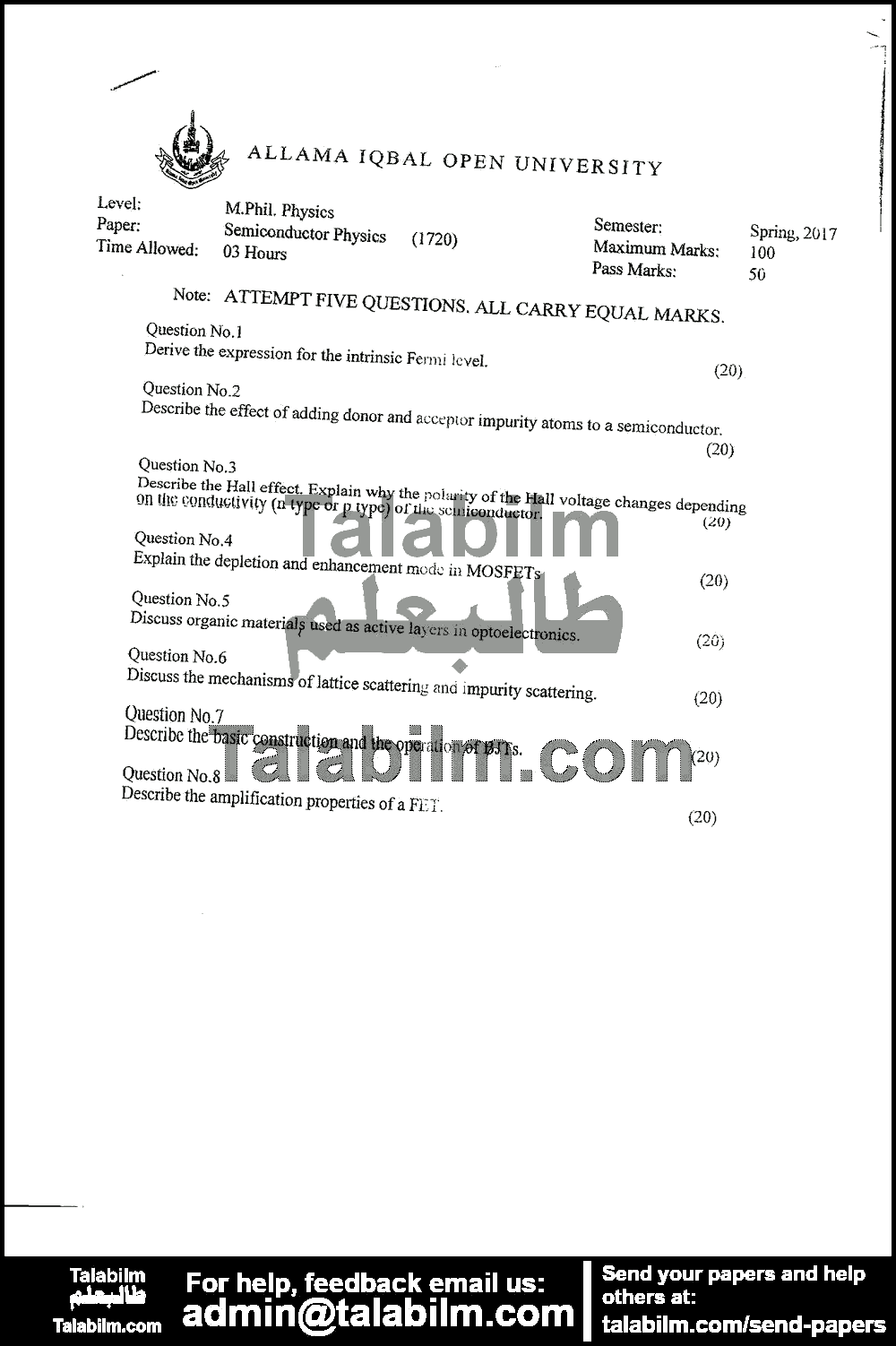 Semiconductor Physics 1720 past paper for Spring 2017