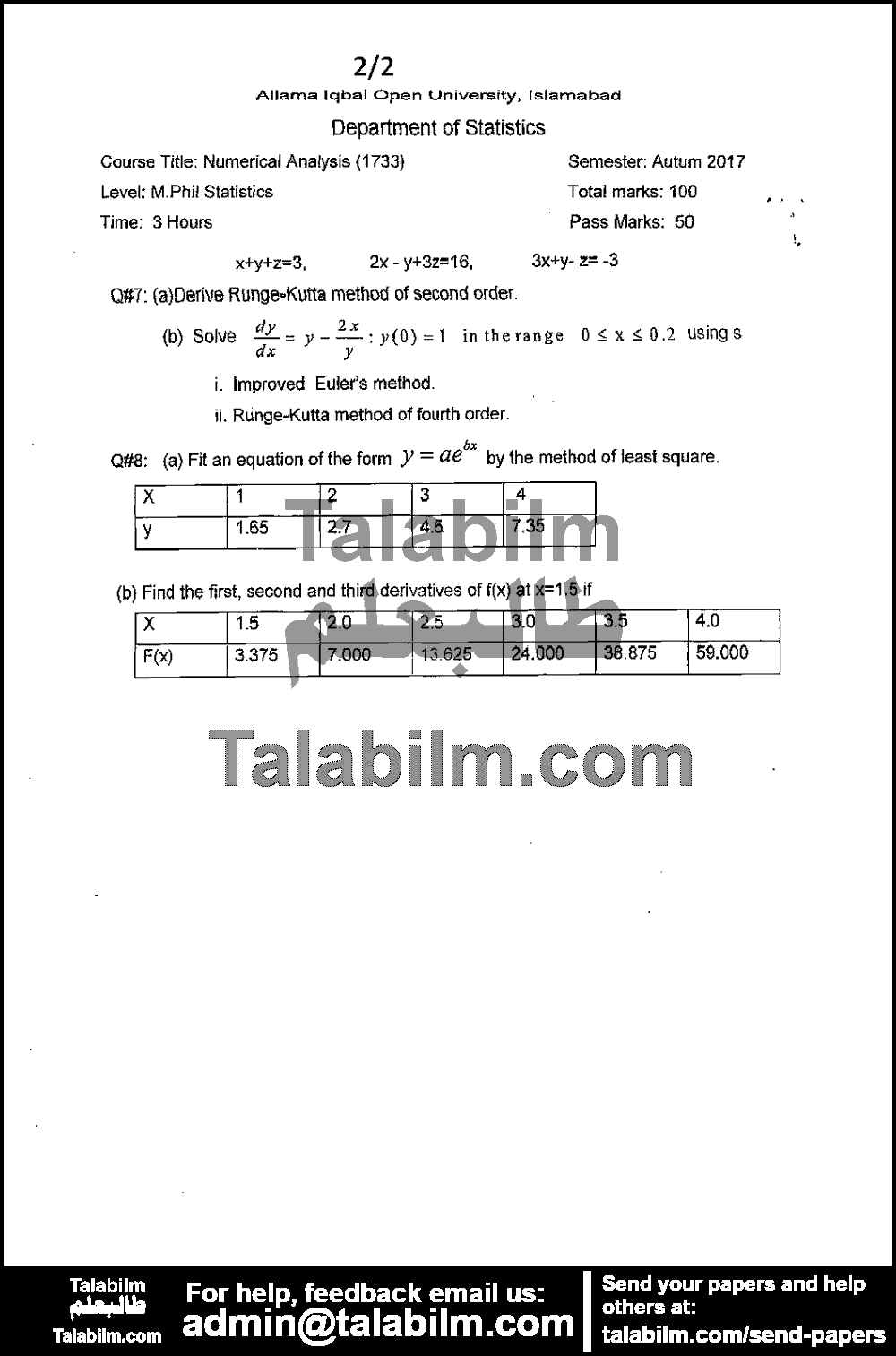 Numerical Analysis 1733 past paper for Autumn 2017 Page No. 2