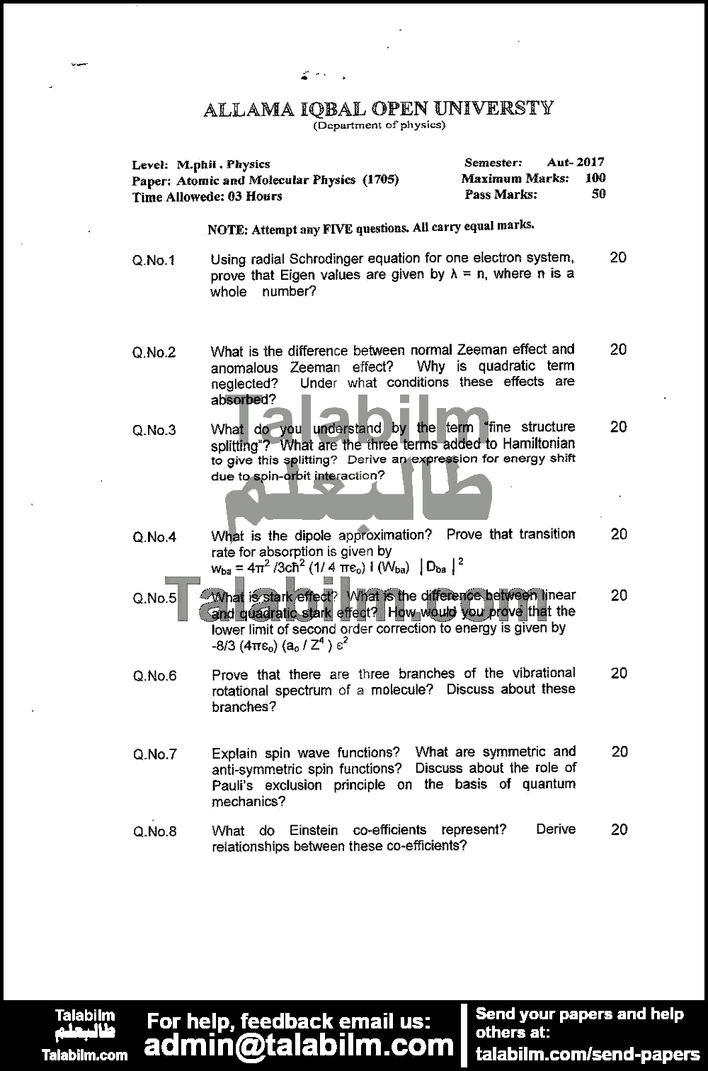 Atomic & Molecular Physics 1705 past paper for Autumn 2017