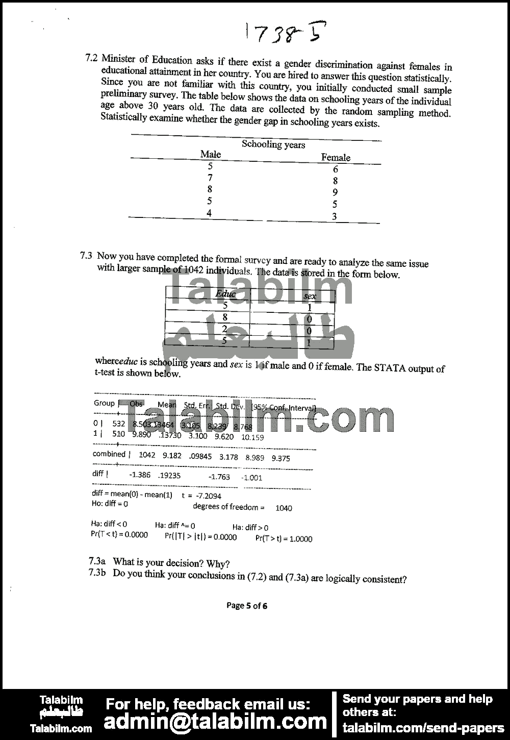 Linear Models 1738 past paper for Spring 2015 Page No. 5