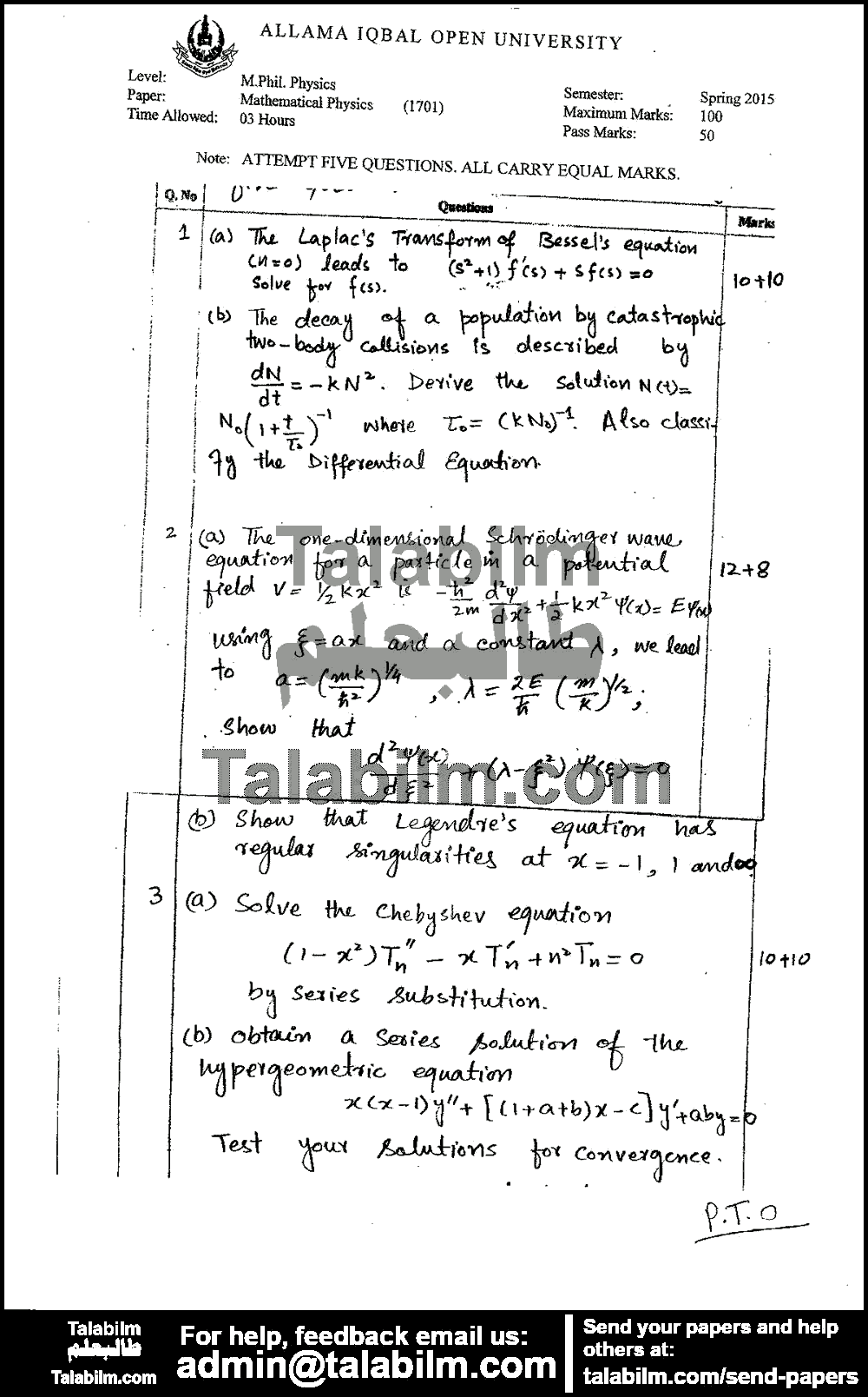Mathematical Physics 1701 past paper for Spring 2015