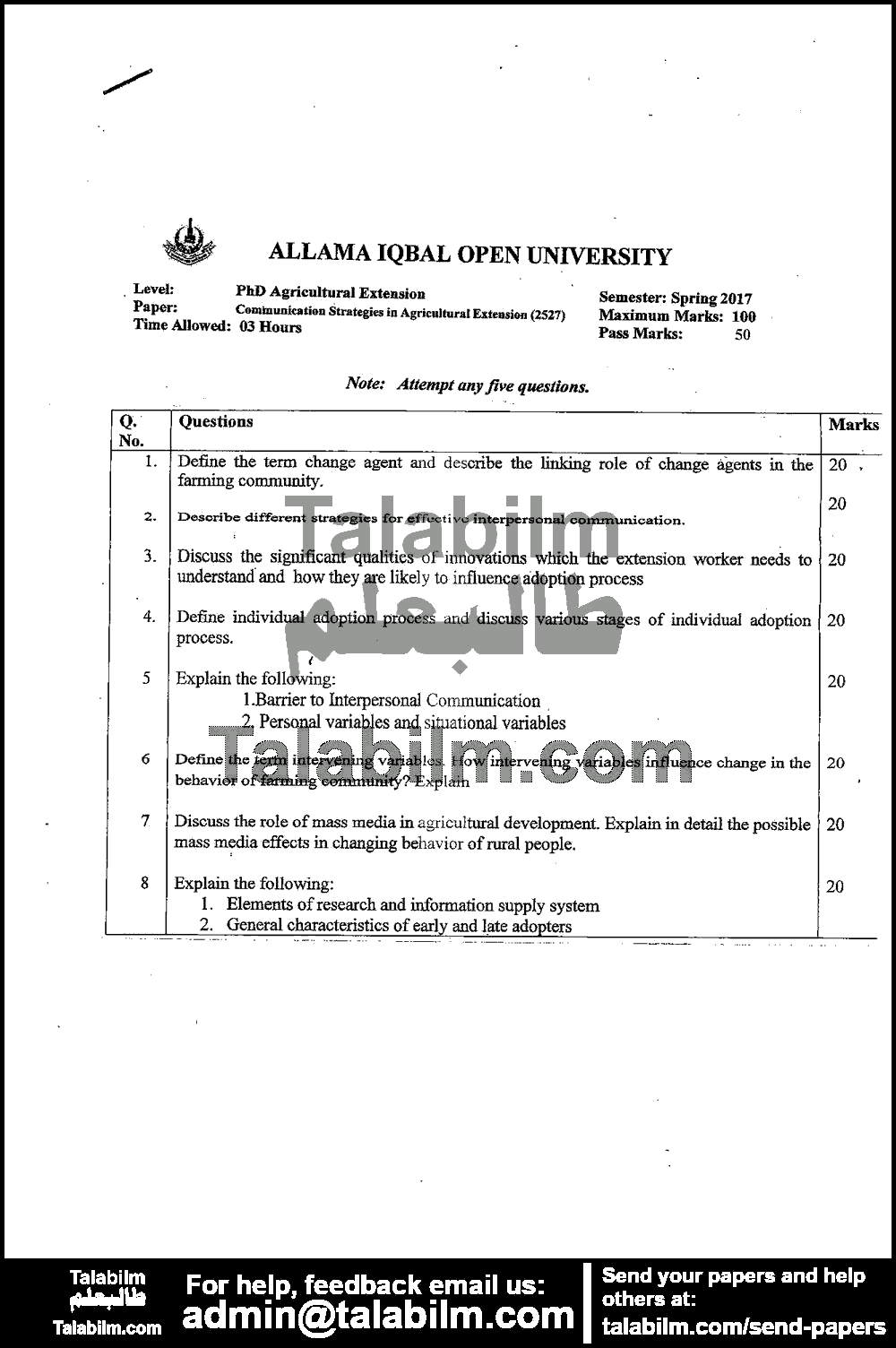 Communication Strategis in Agricultural Extension 2527 past paper for Spring 2017