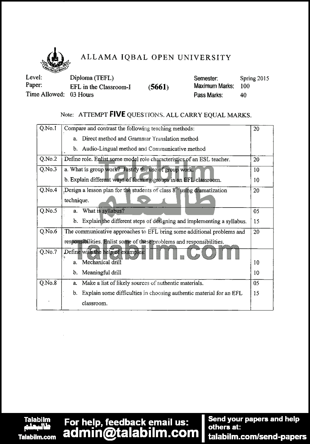 Efl in the Classroom-I 5661 past paper for Spring 2015