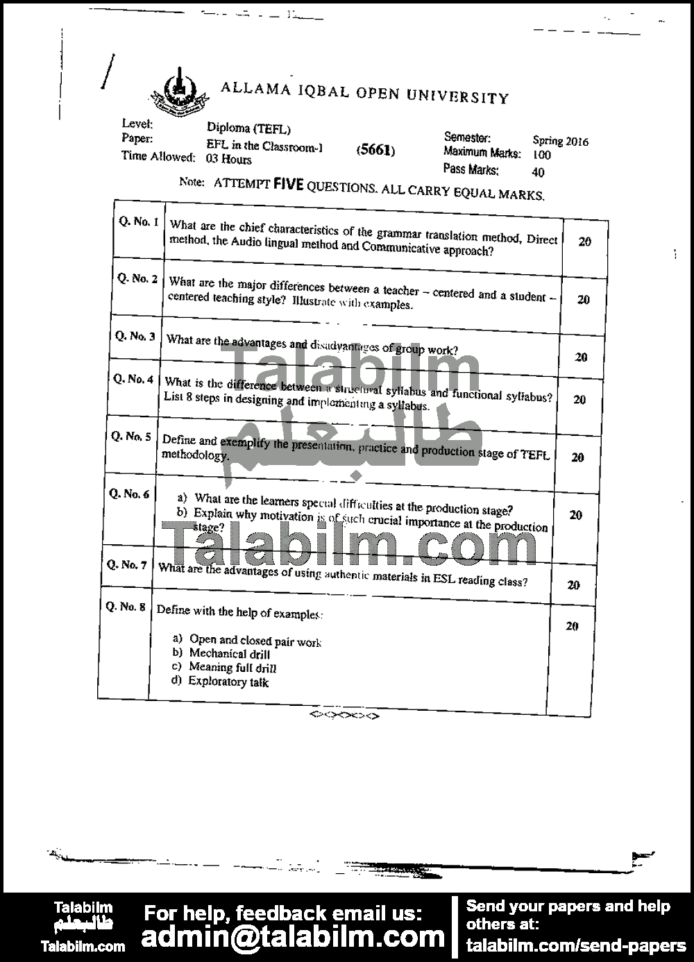 Efl in the Classroom-I 5661 past paper for Spring 2016