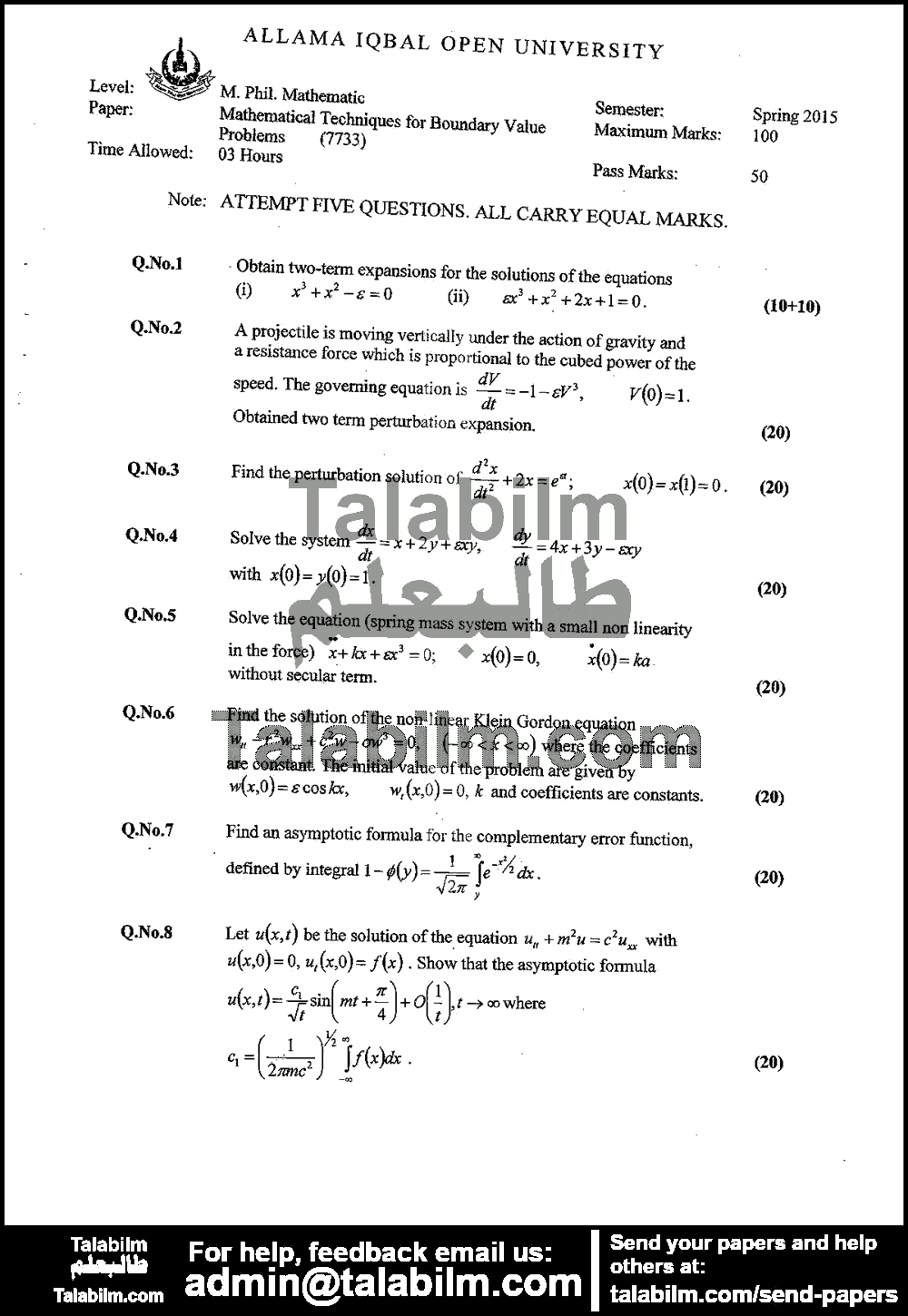 Mathematical Techniques For Boundary Value Problems 7733 past paper for Spring 2015