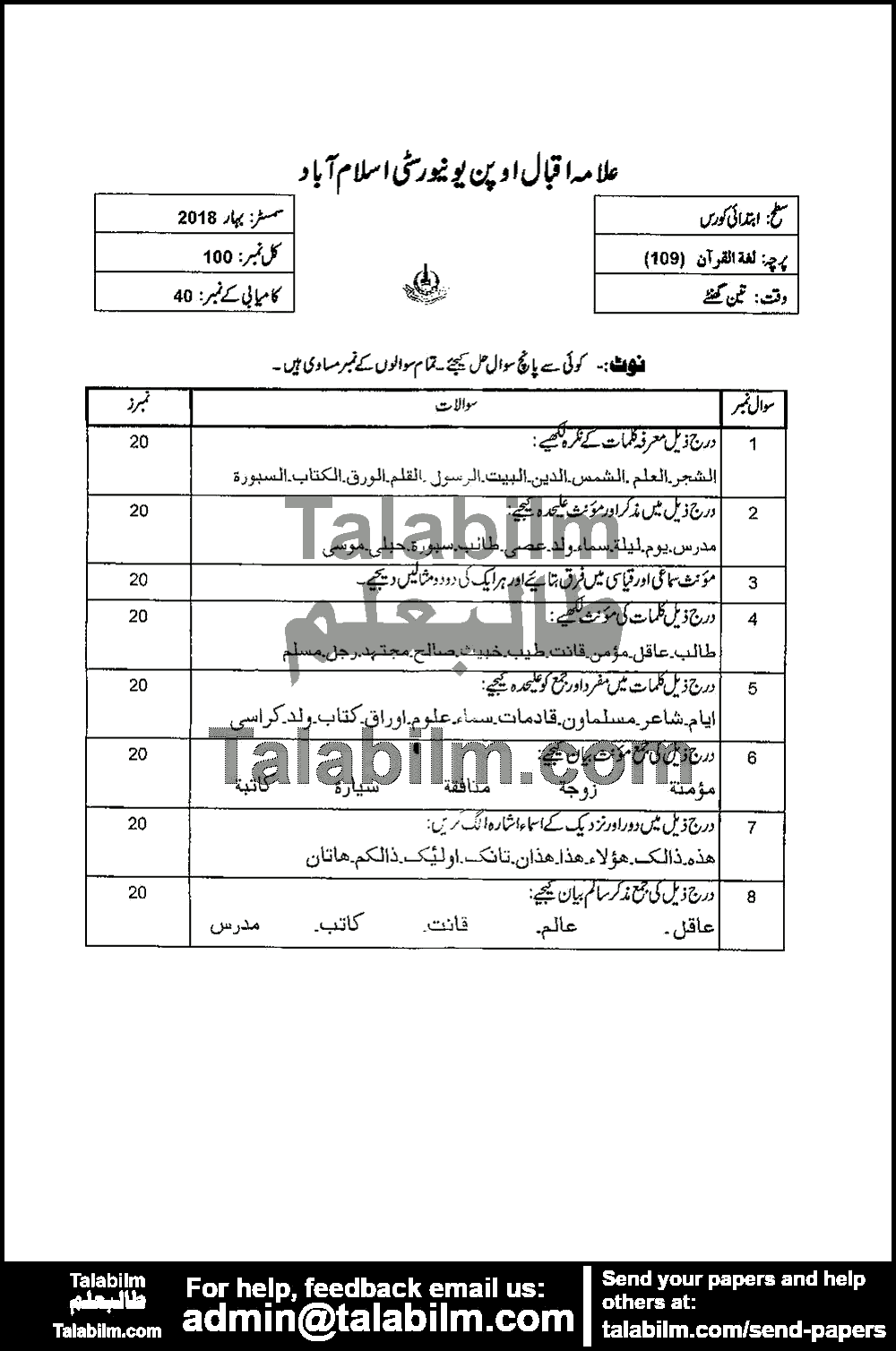 Lugha Tul Quran 109 past paper for Spring 2018